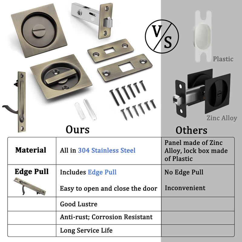 Dontay Pocket Door Privacy Lock and Pull, Stainless Steel 304 Contemporary Pocket Door Knob, Flush Door Handles, Privacy (Bed/Bath) Latch, 2-3/8" Backset, Sliding Barn Hardware (1, Antique Brass) 1