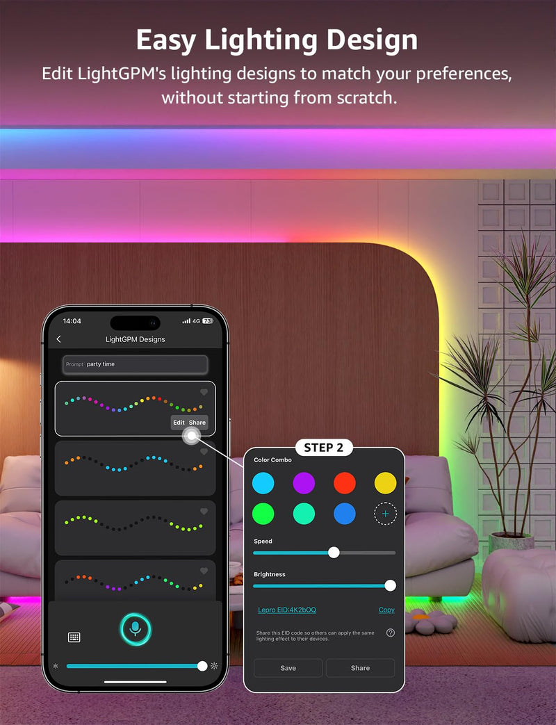 Lepro S1 AI LED Strip Lights for Bedroom - 16.4ft Smart RGB Light Strips with IC and Rainbow Chasing Effects, Color Segment DIY, AI Generated Lighting for New Year, No Remote, 2.4G Wi-Fi & Bluetooth