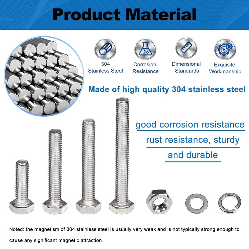 1/4-20 Hex Bolts Set, 1/4"-20 Thread 6 Sizes 3" 2" 1-3/4" 1" 5/8" 1/2" Long 180Pcs 1/4-20 Hex Bolts, Hex Nuts, Flat Washers, Spring Washers SAE 304 Stainless Steel 1/4-20 nuts and bolts set