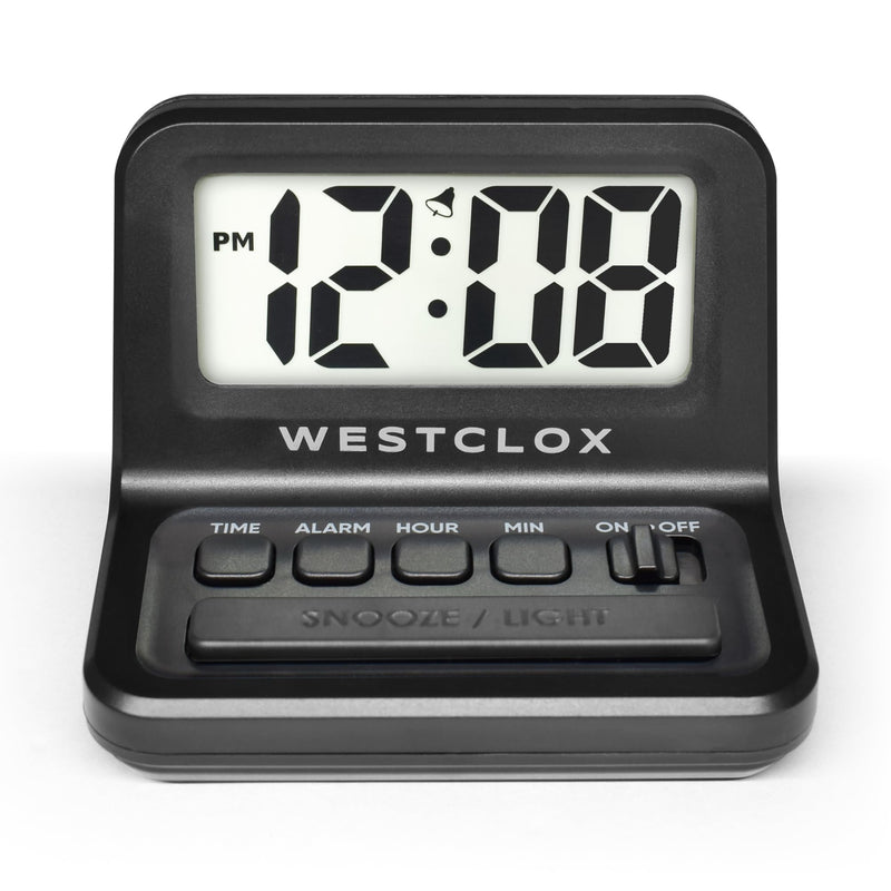 Westclox LCD Digital Bedside Alarm Clock with White Backlit Display and Snooze Function, Battery Operated, (Black, 3-Inch) Black