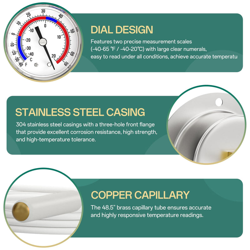 2PCS -40 to 65 ℉ / -40 to 20℃ Capillary Design Refrigeration Thermometer, Stainless Steel Flanged Panel Mount, 2" Dial Size, 48" Capillary Length, Cold Storage, Display Cabinet, Freezer