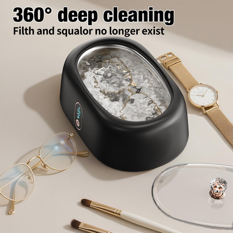Ultrasonic Jewelry & Retainer Cleaner - 45KHz Sonic Cleaner for Eyeglasses, Rings, Watches, Invisalign, Night Guards - 500ML (17oz) SUS 304 Tank, 4 Timer Modes - Black