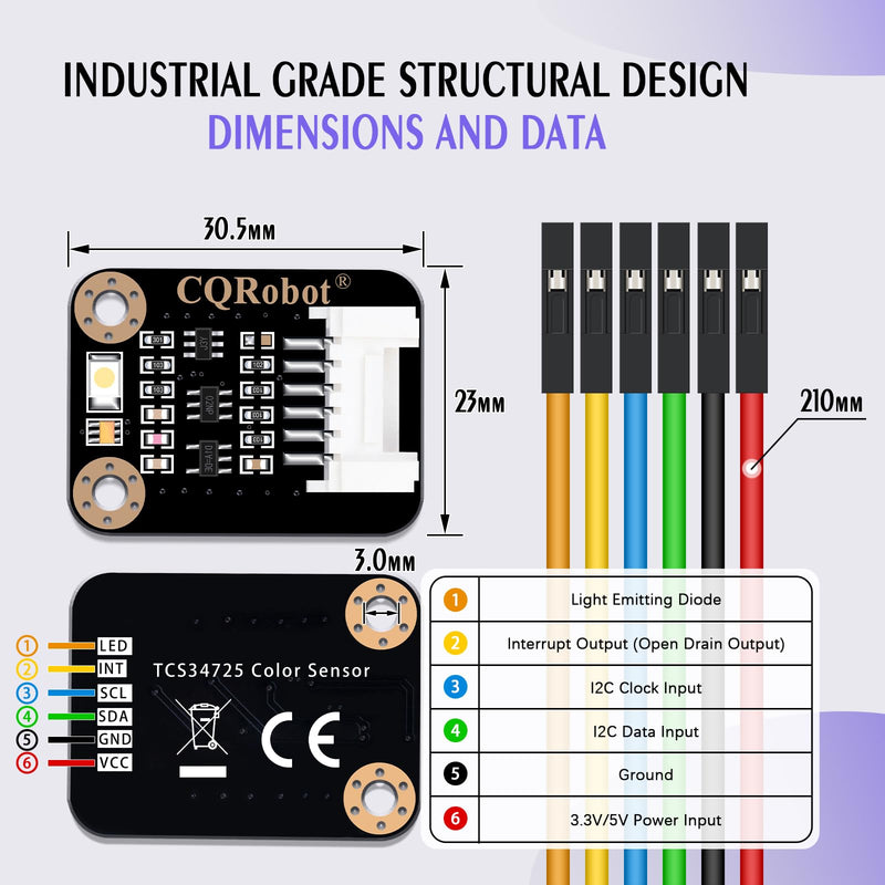 TCS34725FN Color Sensor: RGB Color Data, Light Intensity, Compatible with Raspberry Pi/Arduino/STM32
