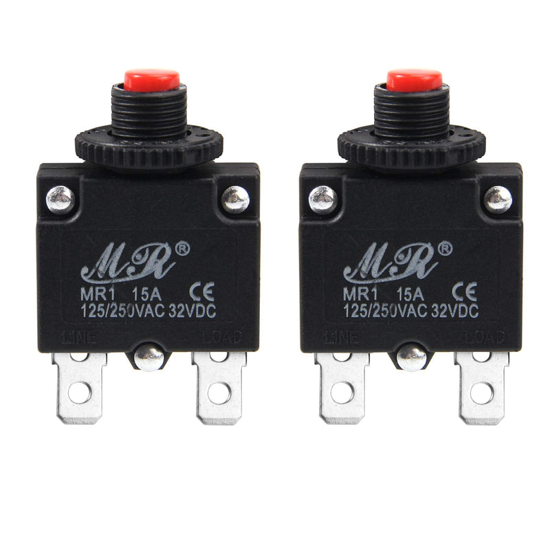 15 Amps Thermal Circuit Breakers 125/250V AC 32V DC Push Button Manual Reset Overload Protector Switch 15A 2 Pack