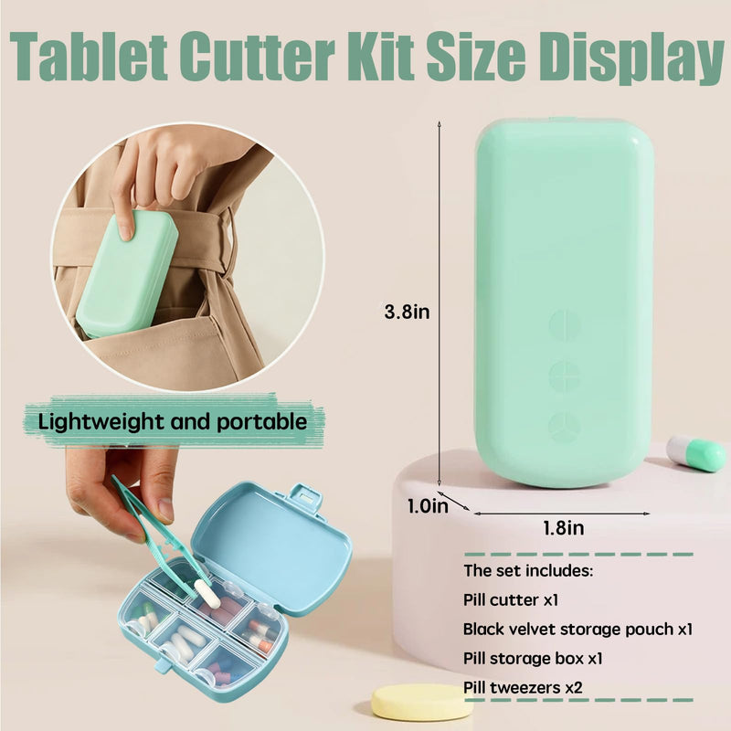 Pill Cutter Splitter - 1/2 1/3 1/4 Tablet Slicer for Tiny Large Pills, Centering Device, Stainless Steel Blade, Pill Crusher for Fine Powder, Portable with Storage Bag, Tweezers & Cleaning Brush