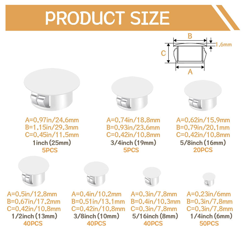 200PCS 7 Sizes White Hole Plugs Nylon Plastic Plugs for Round Holes, 1" 3/4" 5/8" 1/2" 3/8" 5/16" 1/4" Round Hole Plug Hole Cover Snap Locking, Used for Plastic, Cabinet Furniture DD016-w