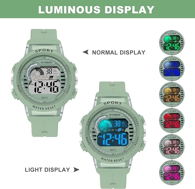 Panegy Children's Watch, Girls, Children, Boys, Digital Watch, Cute, Multi-functional, Waterproof to 166.2 ft (50 m), Digital Display, Alarm, Calendar, 12/24 Switch, Present, School Entrance, Green, - NewNest Australia