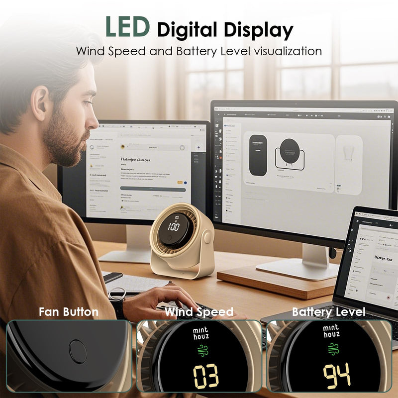 Minthouz Quiet Desktop & Wall-Mountable Fan, 4 Speeds with 90° Oscillation, USB-C Fast Charging, 3000mAh Rechargeable Battery, Digital Speed Display, Portable Cooling Fan