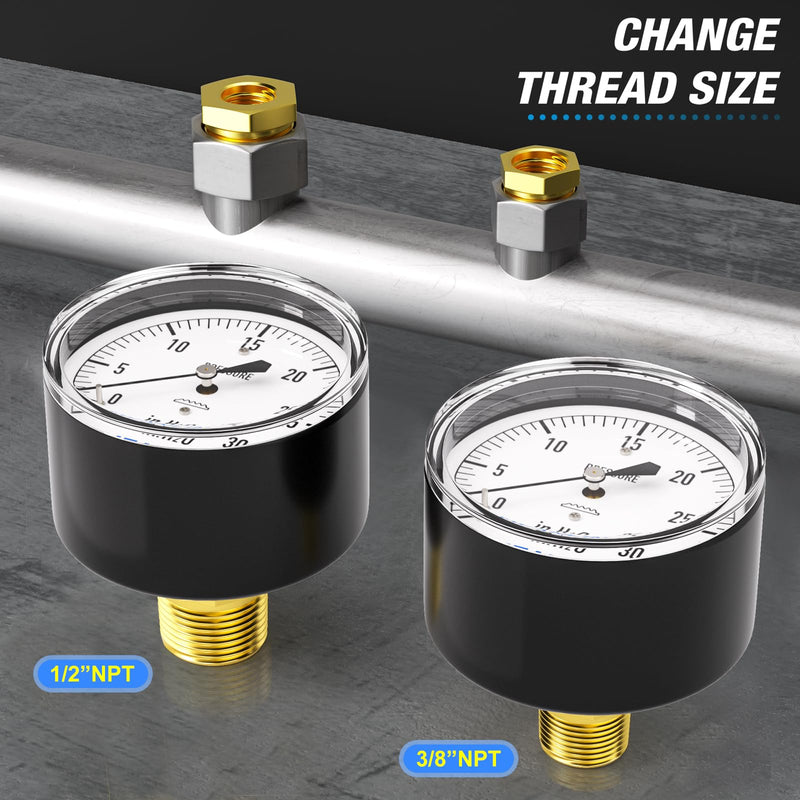 MEANLIN MEASURE 0-30 in H2O Diaphragm Type Capsule Low Pressure Gauge 1/4" NPT 2-1/4" FACE DIAL Adjustable Water Column Gauge, with 1/2" NPT and 3/8" NPT Hex Bushing, Back Mount 0~30 in H2O