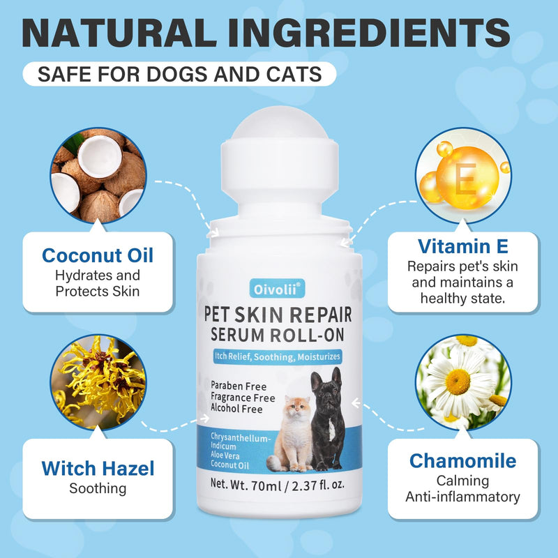 Natural Skin Soother,Roll-On (2.3fl oz) Allergy and Itch Relief for Dogs & Cats,Rapid Healing & Hair Regrowth, Moisturizer for Dry Skin,Hot Spots Quick Repair,with Coconut Oil - PawsPlanet Australia