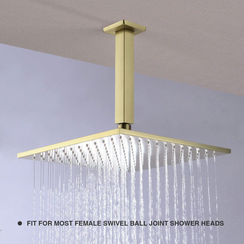 Brushed Gold Shower Arm with Flange 6 Inch Straight Stainless Steel Top Rainfall Shower Head Extension Pipe Square Shaped 6 Inches Brushed Gold
