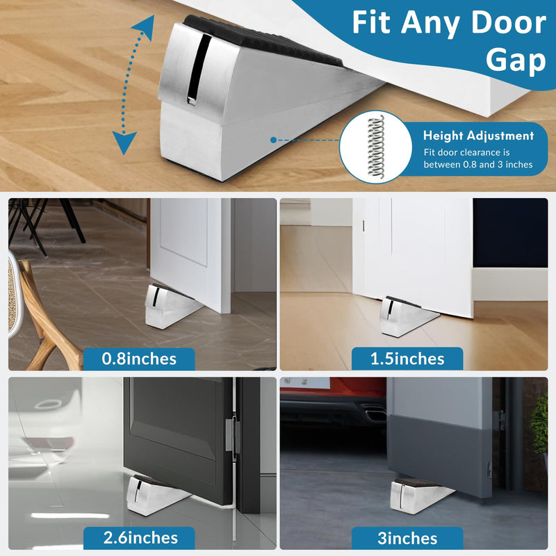 Heavy Duty Door Stopper, 2 Pack Adjustable Spring Large Door Stopper, 3 Inches High Tall Door Wedge Stoppers for Bottom of Door, Door Stop Suits Any Heavy Door Silver