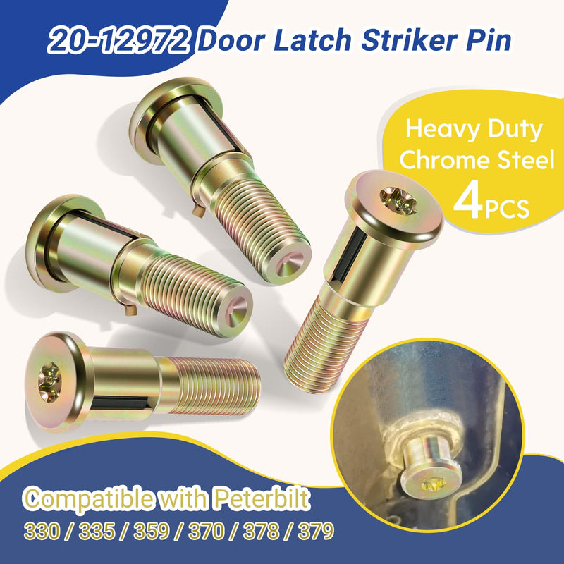 20-12972 Door Latch Striker Pin 4-Pack, Compatible with Peterbilt 330/335 / 359/370 / 378/379, Heavy Duty Chrome Steel Set, 2005 & Earlier Door Lock Striker Bolt Accessories Parts