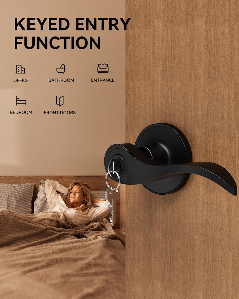 2 Pack Entry Black Door Handle with Lock and Key, Keyed Different Door Levers Interior Exterior Handle Lock, Reversible Front Entrance for Bedroom Wave Style Lever Handles 2 Pack Matte Black