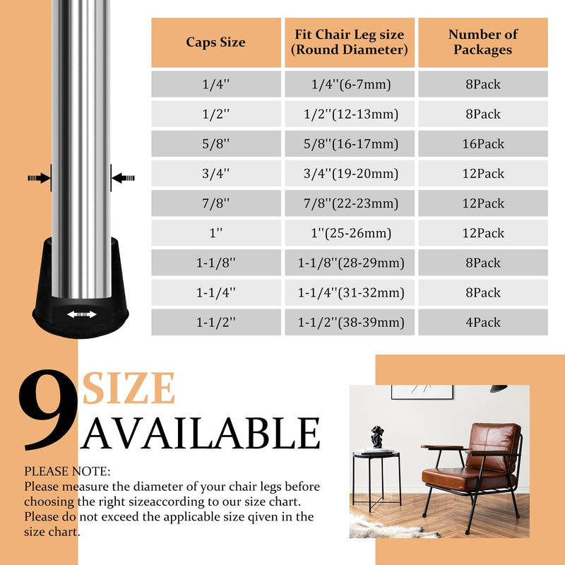 1-1/2” Round Rubber Chair Leg Tips Caps, Chair Leg Floor Protectors, Non-Slip Chairs Legs Caps, Stool Feet Protectors Cap, Folding Metal Chairs Legs Tip Replacement (Black, 8 Pack) Black 1-1/2” - 8Pack