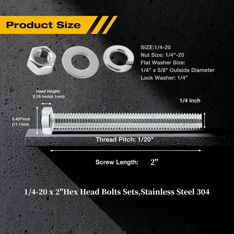 (10Set) 1/4-20x2 Complete Set Hex Head Screw Bolts,Nuts,Fender Flat washers,Split Lock Washers,Fully Threaded, Stainless Steel 18-8（304）, Bright Finish. (10Set) 1/4-20x2"