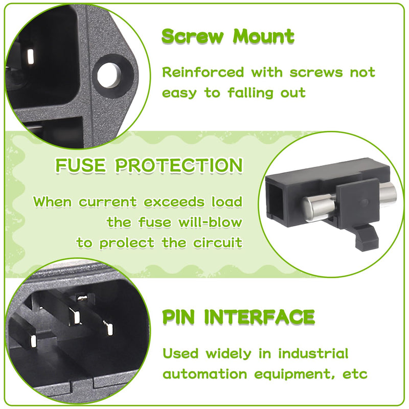 AC 250V 10A 2 in 1 Mount Inlet Module Plug Socket Power Entry Connector Male Blades with 10A Fuse and 18 AWG Extension Cable 6pcs Socket+10pcs fuse+3pcs Cable