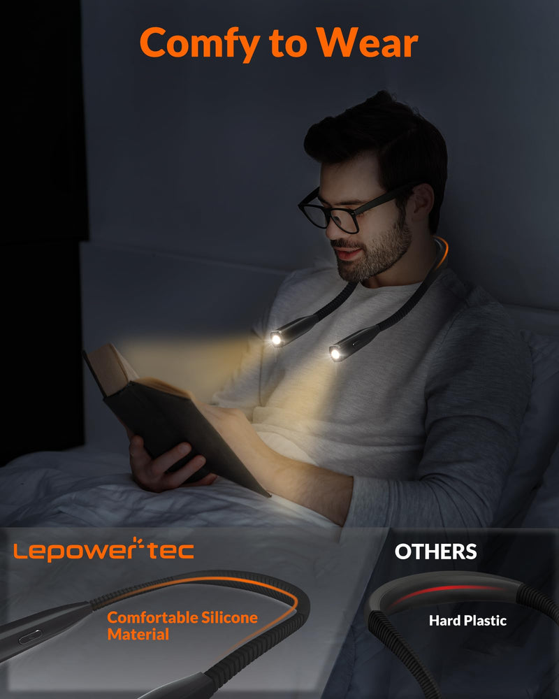 Neck Reading Light, 3-Color & 5-Brightness Neck Light, Book Light for Reading in Bed, Rechargeable Lamp with Comfortable Silicone Arm, Eye-Caring Neck Light for Reading, Knitting, Crafting