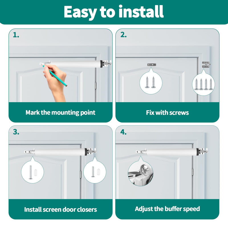 2 PCS Screen and Storm Door Closer Kit, Heavy Duty Pneumatic Screen and Storm Door Closer, Screen and Storm Door Push Button Latch Set Replacement Kit, Adjust Smooth Closing Speed (White) 2 PCS White