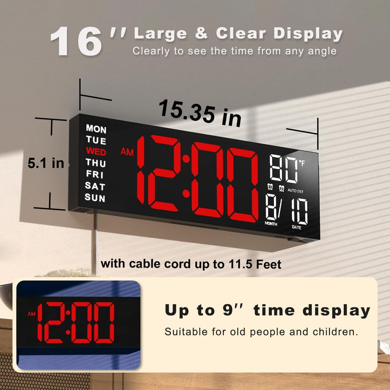 JALL 16" Large Digital Wall Mount Clock, Count Down Timer, Alarm, Big LED, RGB Color, DST, Temperature for Living Room Classroom Desk, Xmas, Birthday Gift for Senior Mom Dad (Red White, 16 inches) Red White