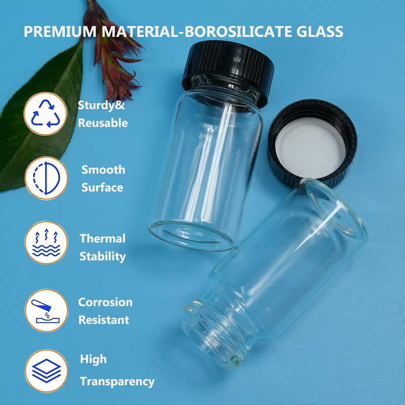 20 PCS 20 ML (5 dram) Clear Small Liquid Sample Glass Vials with Screw Caps, 27.5 mm Diameter x 57 mm Length Leak-Proof Vial, 24-414 Black Screw Cap with PE Liners 27.5*57mm 5 Dram & 20ml Vial