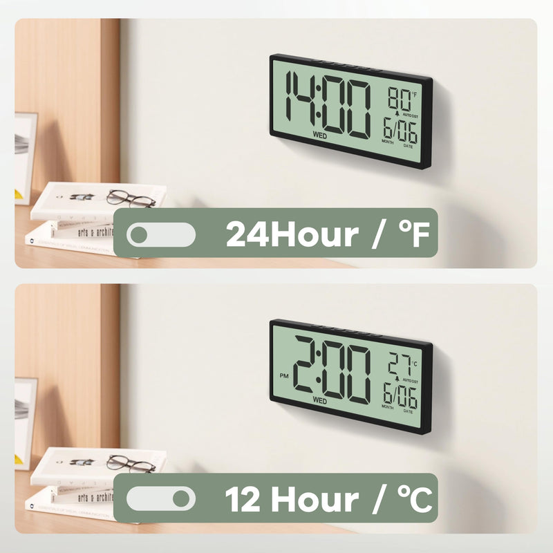 JALL 14.5" Large Digital Wall Clock Battery Operated with Big Digits LCD Screen Display, Day, Date, Alarm, Auto DST, Temperature for Living Room, Bedroom, Desk Decor, Mounted, Gift for Elderly Black