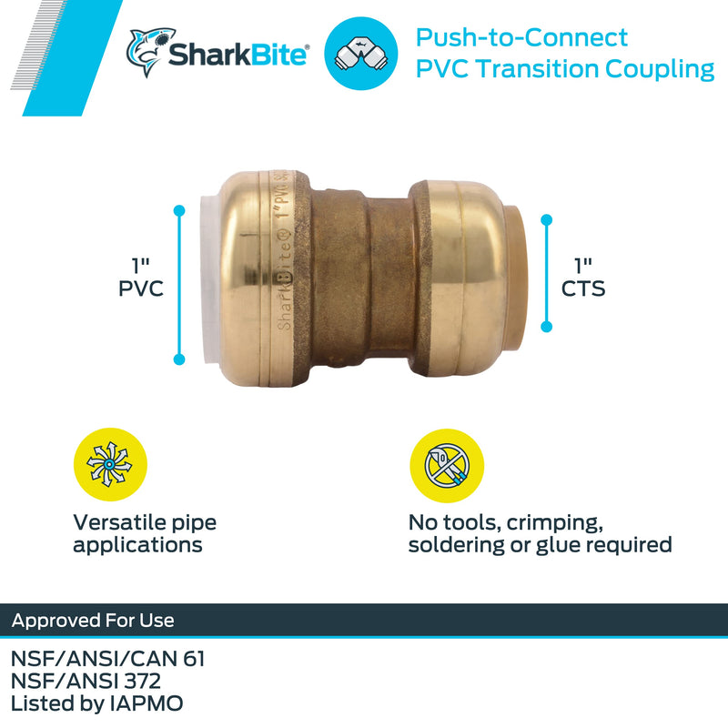 SharkBite 1 Inch CTS x 1 Inch PVC Transition Coupling, Push to Connect Brass Plumbing Fitting, PEX Pipe, Copper, CPVC, PE-RT, HDPE, UIP4020A 1 in. CST x 1 in. PVC