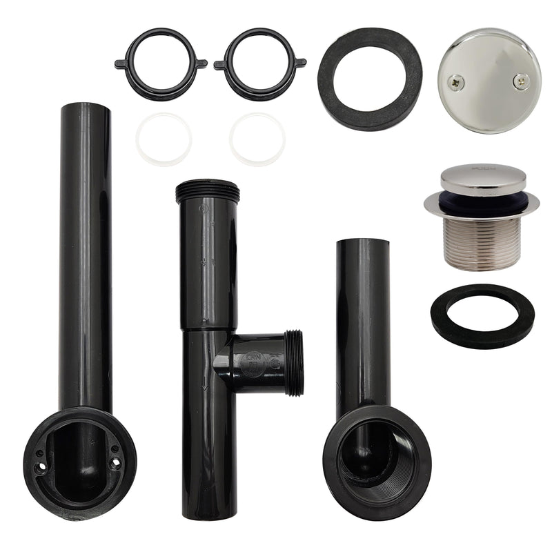 Westbrass Y593144-05 14" Black Tubular Bath Waste & Overflow Assembly with Tip-Toe Drain Plug and Two-Hole Faceplate, Polished Nickel 1 Pack