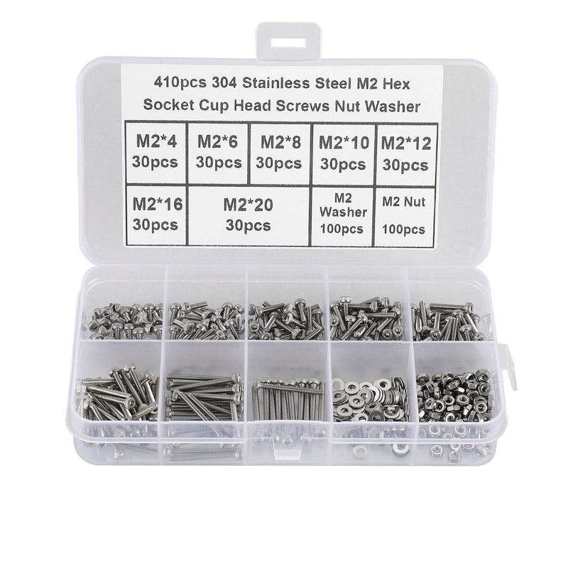 410Pcs Tiny Hex Socket Head Cap Screws Bolts, 304 Stainless Steel M2 x 4/6/8/10/12/16/20mm, Micro Allen Head Machine Screws, Nuts and Washers Kit with Hex Wrench, Fully Threaded Pitch: 0.4mm Silver-410Pcs M2 Socket Cap Head Screw-304
