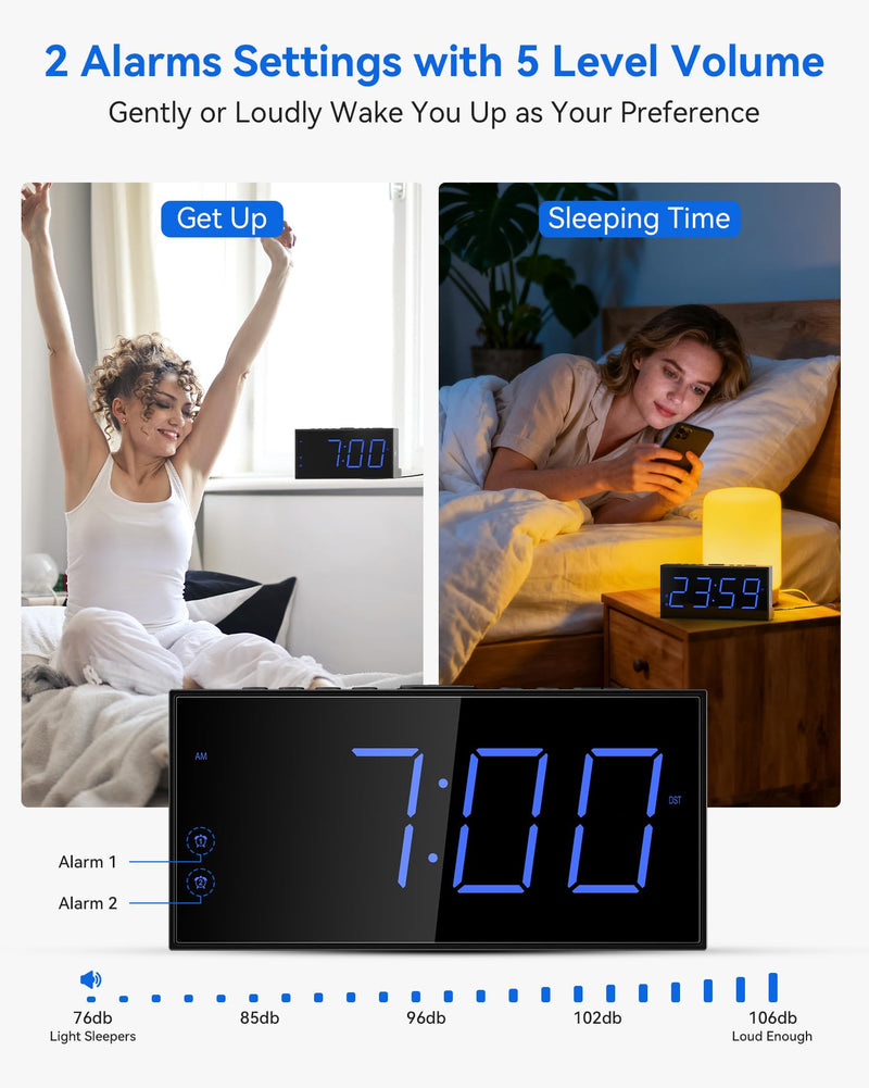 Simple Digital Alarm Clock for Bedroom - Easy to Use with Large 7.5" Display, Dual Alarms, Dimmable, USB Charger & Battery Backup, 12/24H & DST - Plug-in Electric Clock for Heavy Sleepers, Kid, Senior Blue Digits