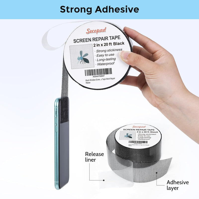 Black Window Screen Repair Tape, 2IN X 20FT Screen Repair Kit for Windows or Doors, Strong Adhesive Fiberglass Mesh Patch Tape Black