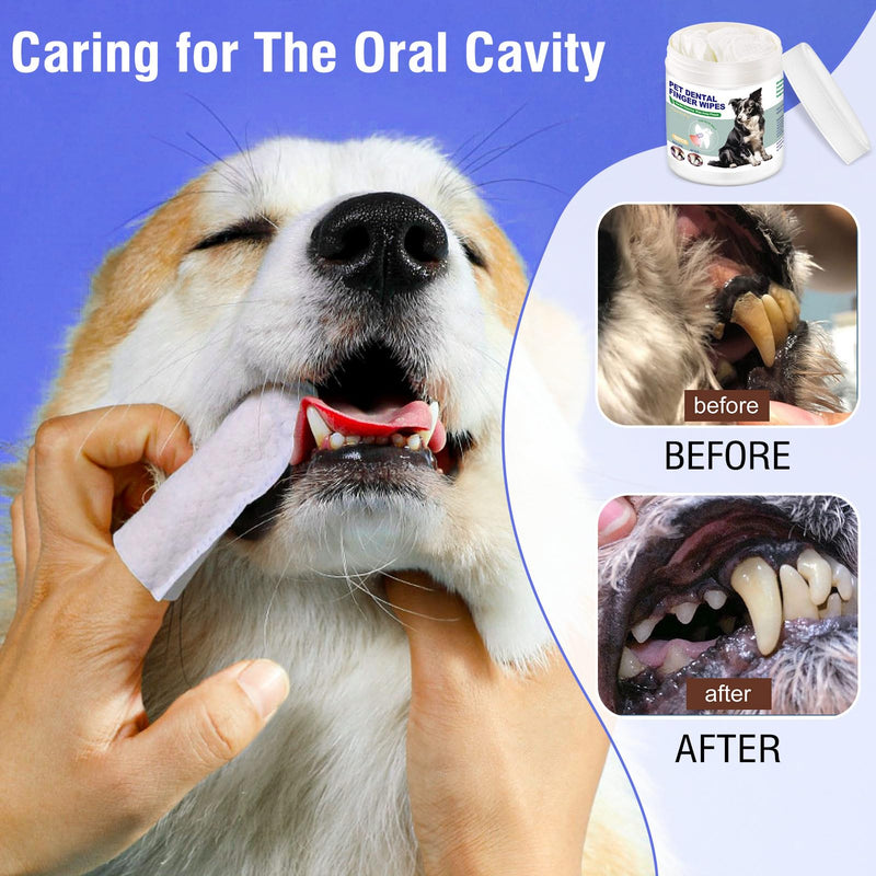 Pet Teeth Cleaning Finger Wipes for Dogs & Cats, Dog Dental Wipes for Removing Plaque and Tartar Buildup, No-Rinse Disposable Gentle Cleaning & Gum Care Pet Wipes, 50 Counts