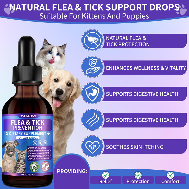 WEALLIN Flea and Tick Support for Dogs and Cats Natural Flea Treatment Drops with Multivitamin for Pets Oral Flea & Tick Prevention for Dogs and Cats Flea Herbal Drops for All Breeds and Ages