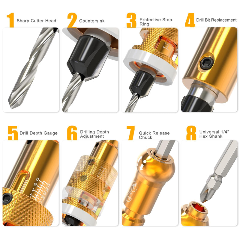 MEANLIN 5Pcs Countersink Drill Bit Set, Adjustable Bit Depth Stop with 1/4" Hex Shank Screwdriver Bit, HSS M2 Bits 1/8" 9/64" 5/32" Drill+3/8" 82°Counter-Bore, 11/64" 3/16" Drill+ 1/2" 82°Counter Bore