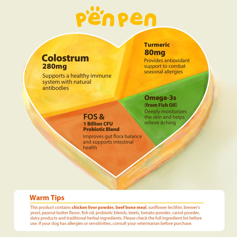 PENPEN Dog Allergy Relief Chews, Dog Itching Skin Relief, Omega 3 for Dogs Itch Supplement, Relieve Seasonal Allergy, Provide Immune Support (Peanut Butter Chews, 180ct) 180 Chews