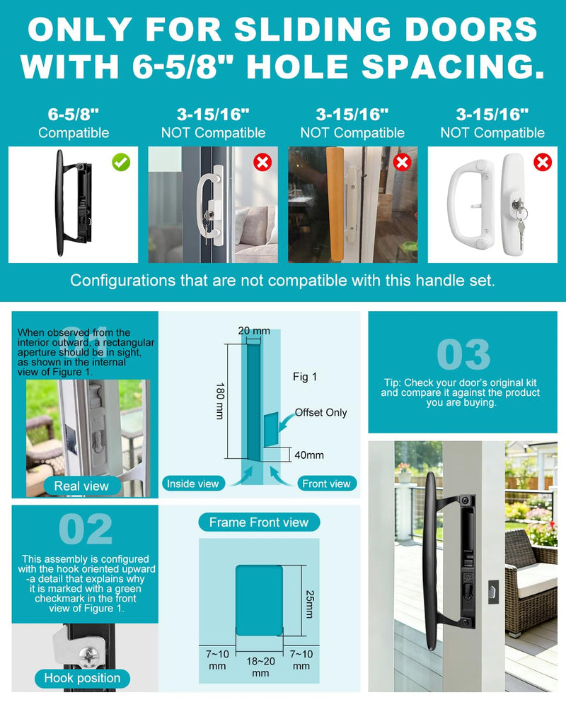 Sliding Patio Door Handle Set, Non-Keyed Black Diecast Replacement Handle, Fits 1" to 1-1/8" Thick Sliding Glass Doors, 6-5/8" Hole Spacing, Non-Handed Reversible Design 6-5/8" H.C Non Keyed