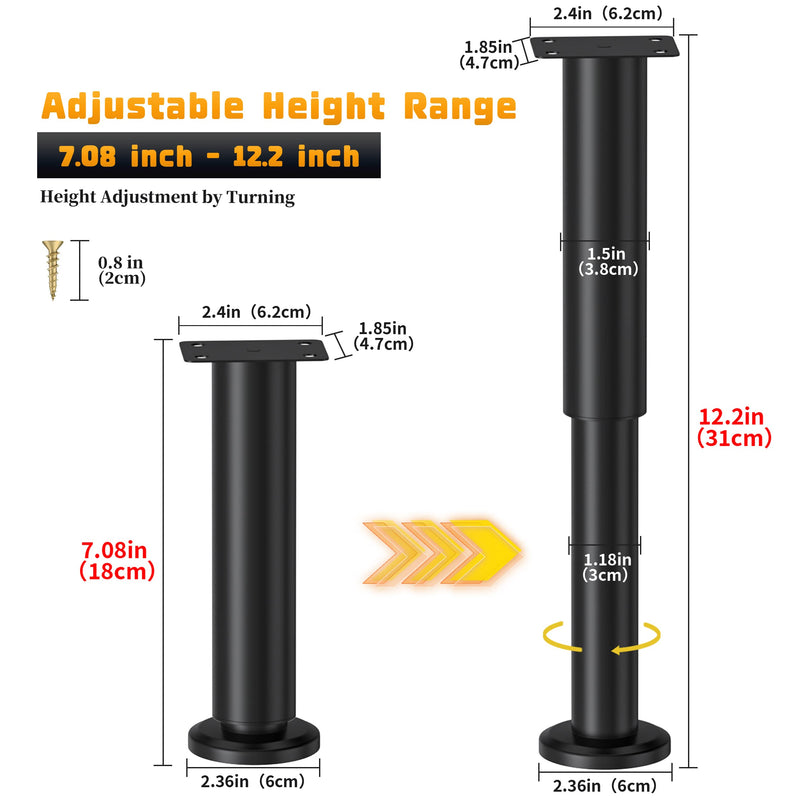6 Pcs Adjustable Height Bed Support Legs for Bed Frame/Bed Center Slat, Metal Adjustable Furniture Legs 7.08-12.2 inch for Bed/Sofa/Cabinet/Couch/Dresser/Table, Heavy Bed Replacement Legs 7.08-12.2 inch (6pcs)