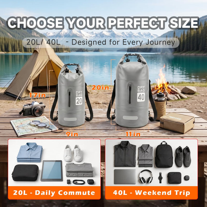 Waterproof Dry Bag Backpack 20L, Roll Top Floating Waterproof Backpack for Kayaking, Rafting, Boating, Lightweight Dry Sack Backpack for Hiking, Camping, Beach & Travel Gray 20.0 liters