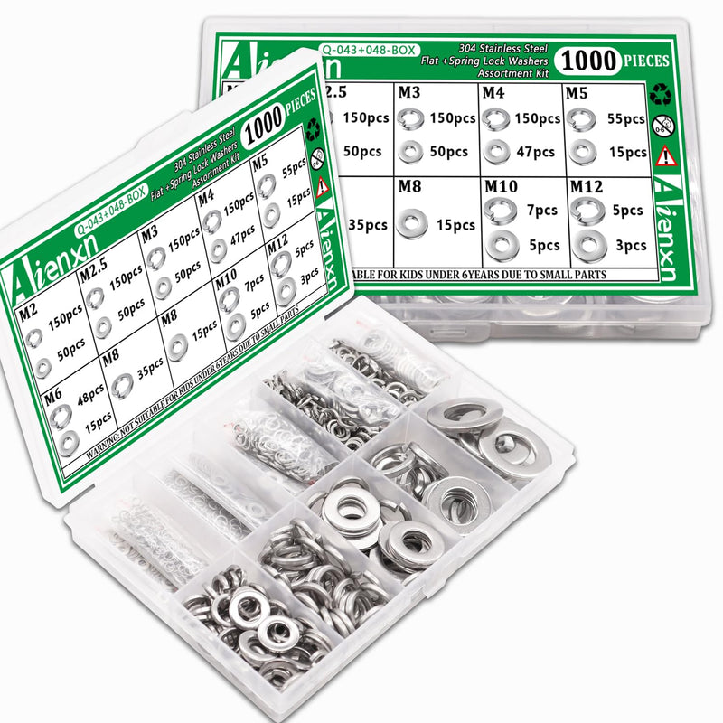 1000PCS Flat Washer and Spring Lock Washers Assortment Kit, 304 Stainless Flat Washers for Screws, 9 Metric Sizes Washers for Bolts -M2,M2.5,M3,M4,M5,M6,M8,M10,M12, Lock Washer Set M2 -M12 (1000PCS)