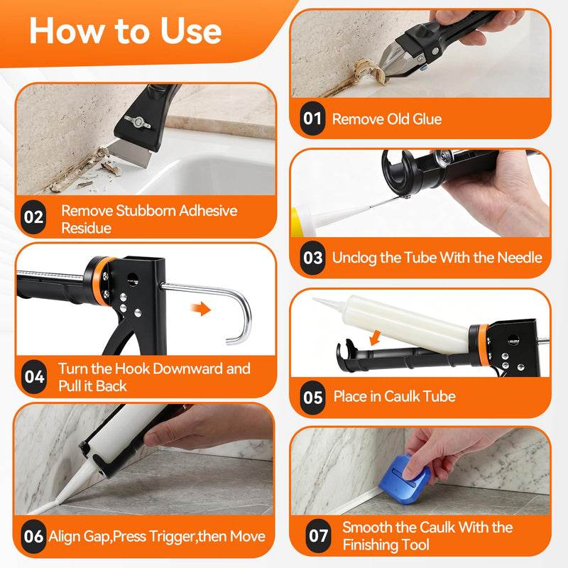 Caulk Gun Kit, Smooth Silicone Caulking Gun and Caulk Remover Tool, Sealant Finishing Tool Grout Scraper for Kitchen Bathroom Window Sink Joint, All in One with Gift Box Black