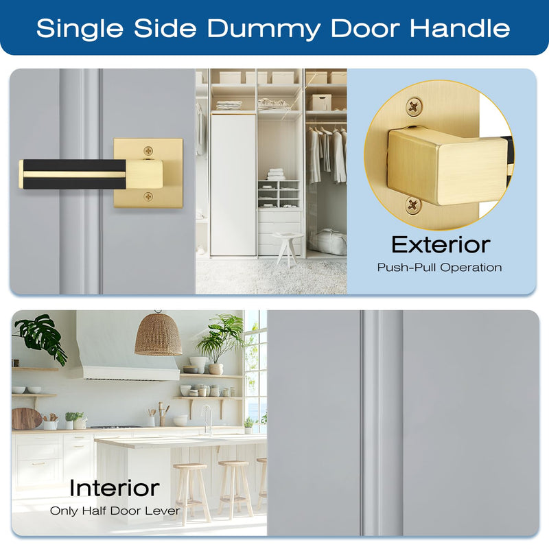 EHOMEWARE Gold Dummy Door Handles with Black Leather 3 Pack, Half Dummy No Lock Function Without Latch or Key, Pull or Push Function for Pantry or French Doors Dummy Door Handle - No Key No Latch