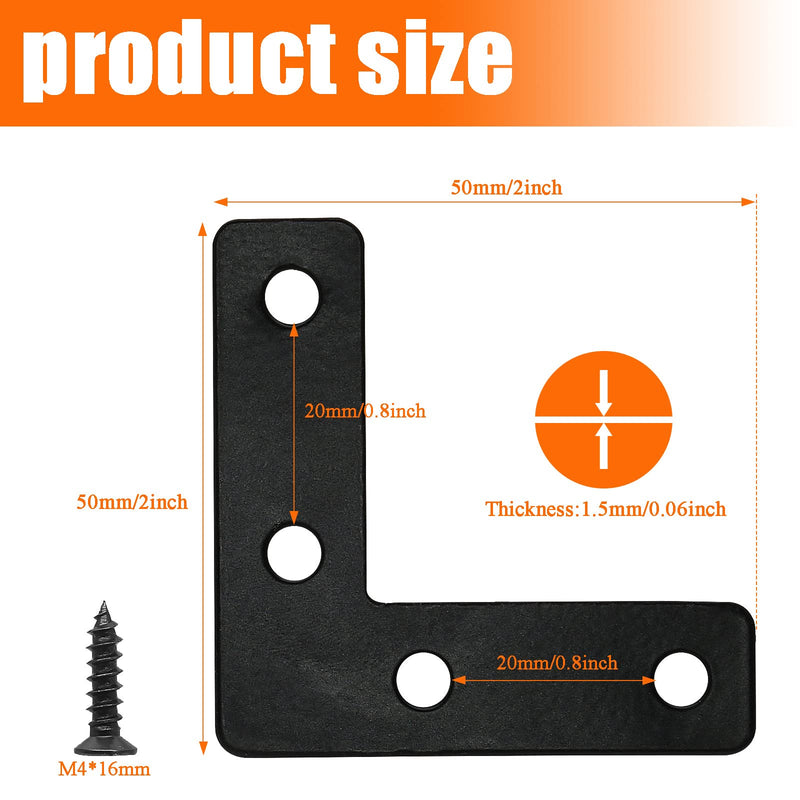 Waziaqoc 20 PCS 2 x 2 Inch Black L Bracket, L Right Angle Flat Corner Bracket (50 x 50mm), Flat Mending Plates Brace for Wooden Frames, Repairment, with Screws 20pcs 50 x 50 mm
