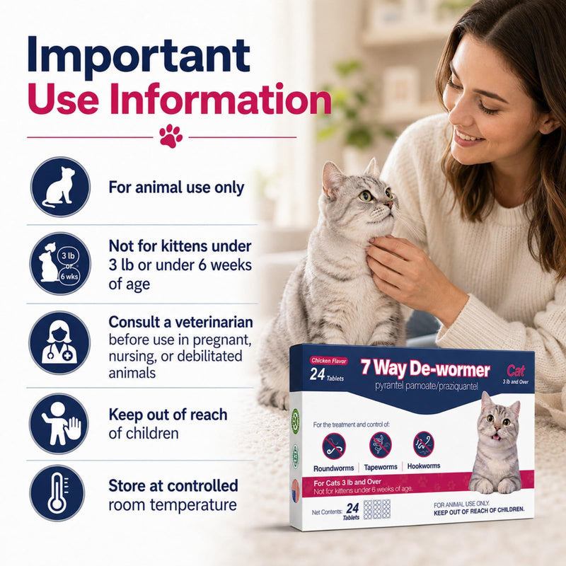 MEGEAR 7 Way De-Wormer for Cats, Chicken Flavored Tablets for Roundworms, Tapeworms & Hookworms, with Pyrantel Pamoate & Praziquantel, for Cats 3 lbs and Over, 24 Tablets