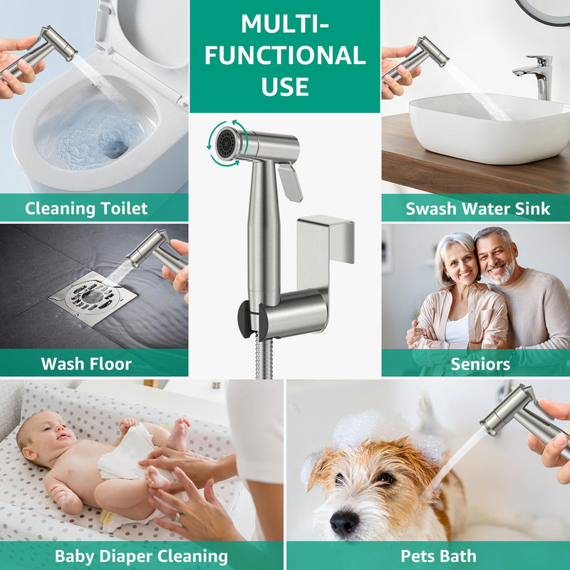 Handheld Bidet Sprayer for Toilet Brushed Nickel with Leakproof Hose,Stainless Steel Cloth Diaper Sprayer,Adjustable Water Pressure,Dual Mode Wall/Toilet Mount Jet Spray for Baby Feminine Senior Wash