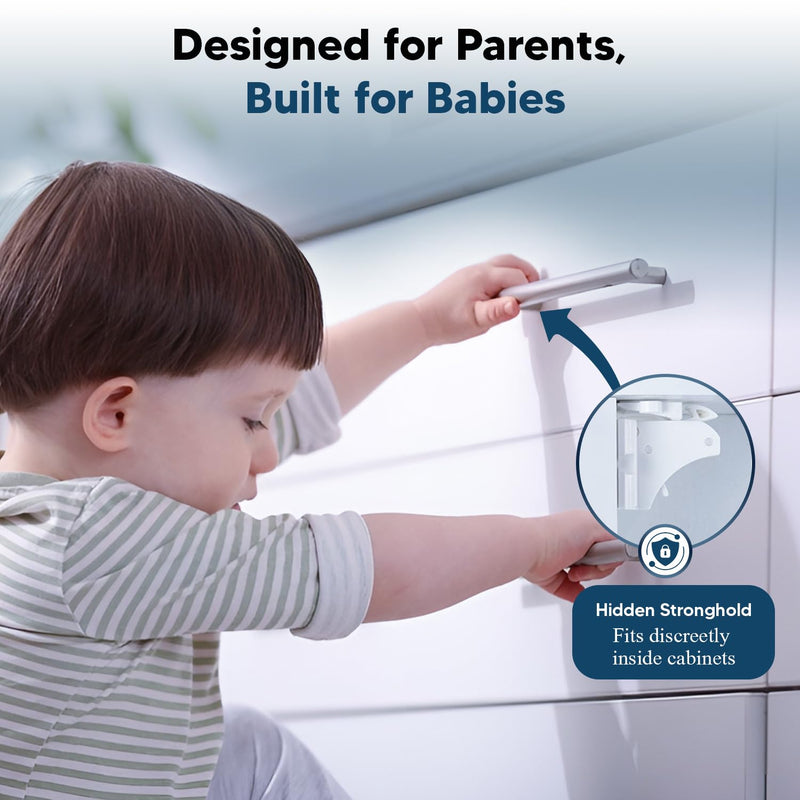 Blessimo® 12 Pack Magnetic Cabinet Locks Baby Proofing with 12 locks and 2 Keys - Child Locks For Kitchen, Cabinets and Drawers - 3M Adhesive Easy Installation White