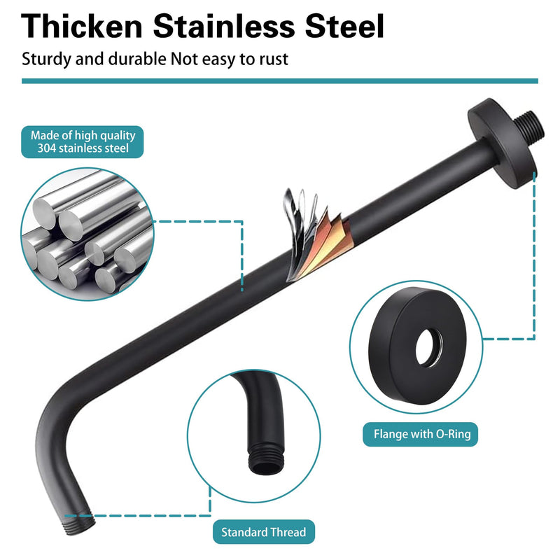 12 Inch Shower Arm with Flange,Stainless Steel 90 Degree Rain Shower Head Extension Arm,Wall-Mounted Shower Head Arm for Fixed Shower Head,Matte Black 12 inch Matte Black
