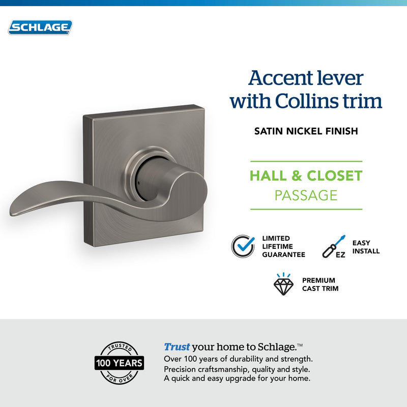 SCHLAGE Accent Lever with Collins Trim Hall and Closet Lock in Satin Nickel - F10 ACC 619 COL Passage