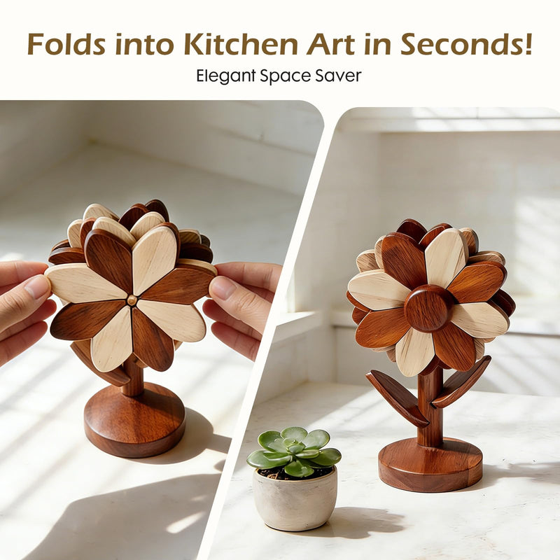 Wooden Trivets for Hot Dishes - Set of 5, Foldable Sunflower-Shaped, Thick Hot Pads for Countertops, Ceramic Pots, Farmhouse Kitchen Decor, Housewarming Gifts (Walnut & Beech Wood) Walnut & Beech Wood
