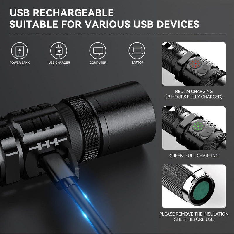 RECHOO Flashlights USB Rechargeable 2 Pack Double Switch S3000L LED Tactical Flashlight High Lumens Super Bright 5 Modes Zoomable Waterproof Flashlight for Camping, Emergency