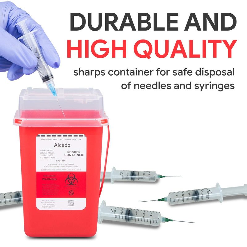 Sharps Container for Home Use and Professional 1 Quart (3-Pack) by Alcedo | Biohazard Needle and Syringe Disposal | Small Portable Container for Travel 3